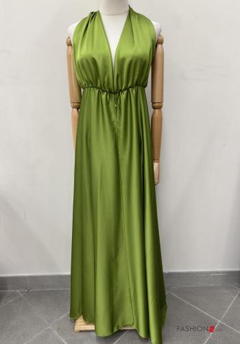 Robe longue satin à dos nu à col en V décolleté profond avec noeud - ph 1