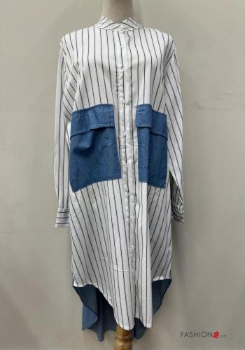 Striped denim long sleeve Cotton Shirt dress with buttons with pockets
