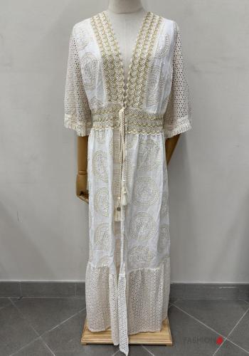 Besticktes Muster lange Strandkleid aus Baumwolle mit seil tiefer ausschnitt 3/4 ärmel - ph 1