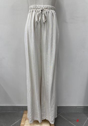Pantalone in Lino Fantasia righe con tasche con elastico