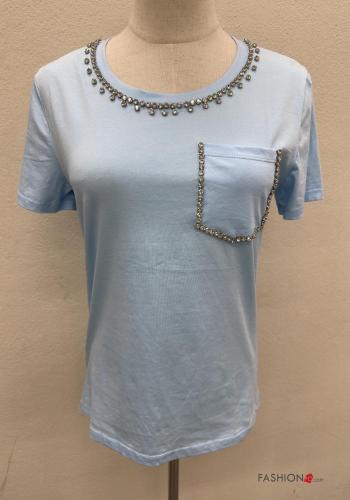 short sleeve crew neck Cotton T-shirt with pockets with rhinestones - ph 1