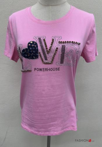 T-shirt em Algodão manga curta gola redonda Padrão Estampado com strass - ph 1