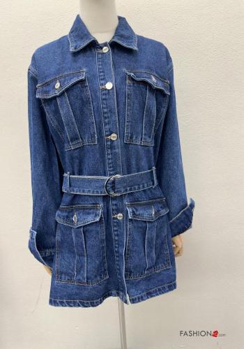 with collar mini long sleeve denim Cotton Dress with buttons with pockets