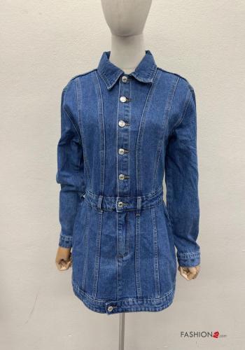 with collar mini long sleeve denim Cotton Dress with buttons