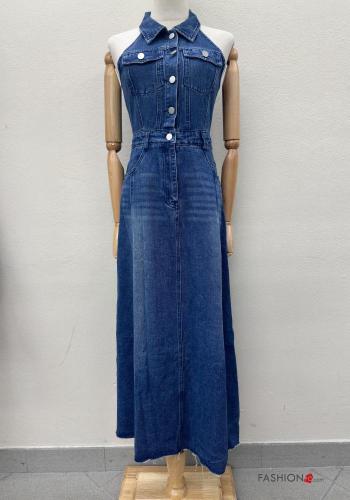 Denim mit kragen lange ärmellos Kleid aus Baumwolle mit Knöpfen mit Taschen - ph 1
