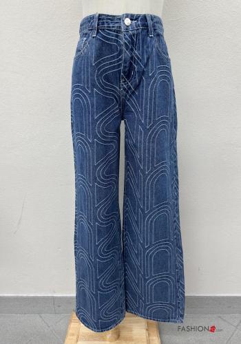 Jeans in Cotone denim wide leg Fantasia stampata con tasche con bottoni con zip