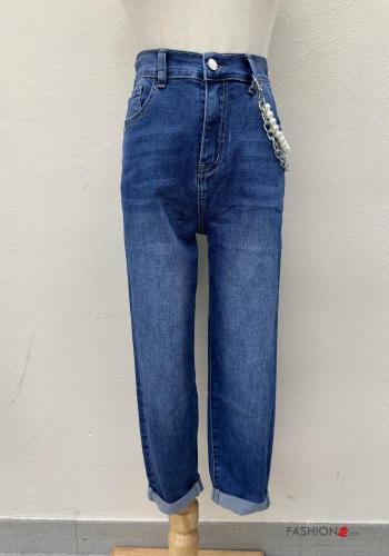 Jeans en Coton en denim avec fermeture éclair avec des perles avec chaîne à boutons avec poches - ph 1