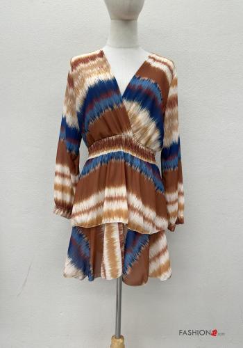 Abstract print long sleeve Dress with flounces with elastic with v-neck