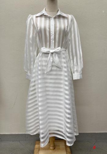 Striped long sleeve with collar chiffon Dress with buttons with fabric belt - ph 1