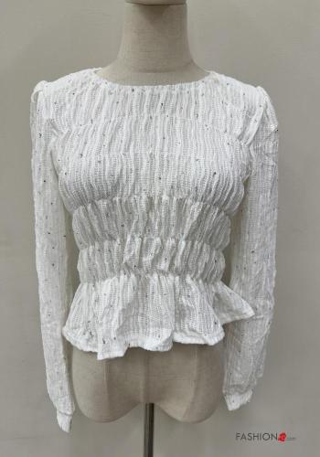 Embroidered crew neck Long sleeved top with flounces with elastic with rhinestones - ph 1
