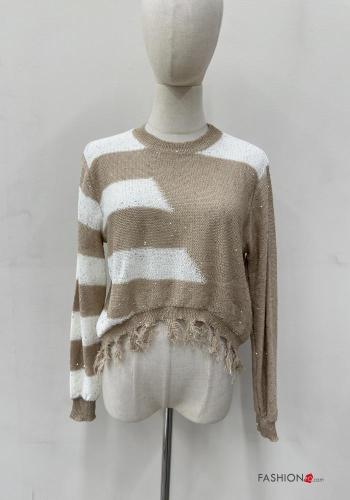 Maglione maniche lunghe girocollo Fantasia righe con strass con frange - ph 1