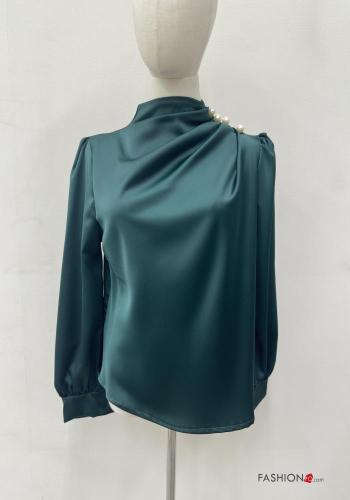 Blusa raso maniche lunghe con bottoni a collo alto con perle