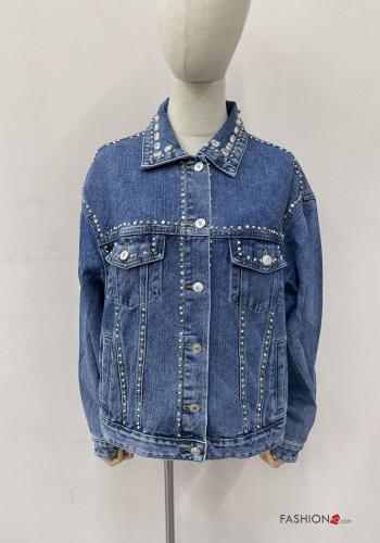 long sleeve with collar denim Cotton Jacket with buttons with rhinestones