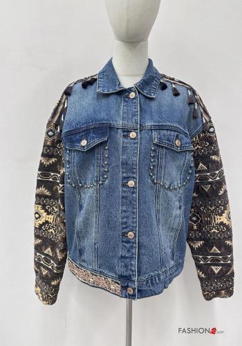 Veste en Coton en denim à broderie avec poches à boutons à franges avec clous - ph 1