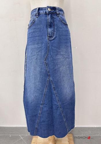 Saia em Algodão denim longo com fenda com fecho com bolsos com botões