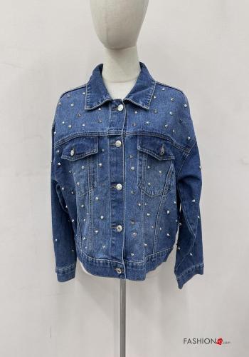 Denim mit kragen Jacke aus Baumwolle mit Knöpfen mit Strasssteinen mit Taschen - ph 1