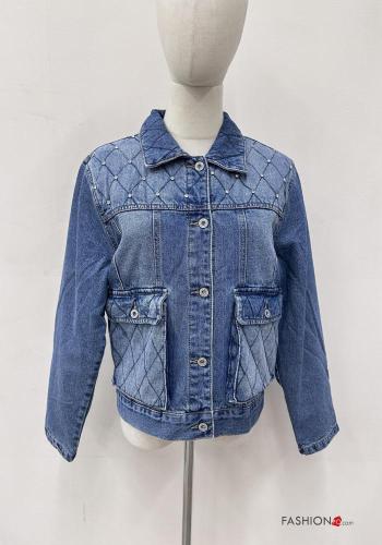 denim with collar Cotton Jacket with buttons with rhinestones with pockets