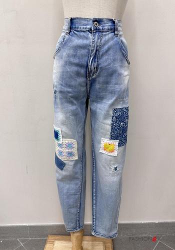 Jeans in Cotone vita alta con tasche con bottoni con zip