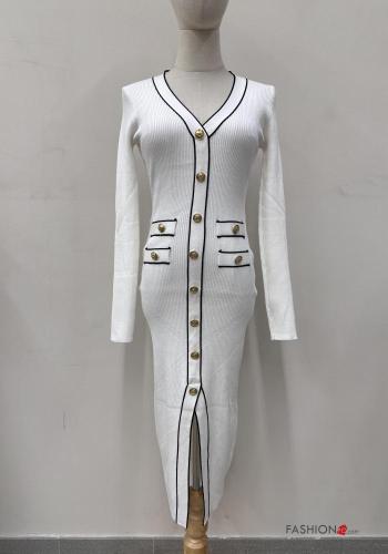 Gerippte lange ärmel Kleid mit Knöpfen mit schlitz mit V-Ausschnitt - ph 1