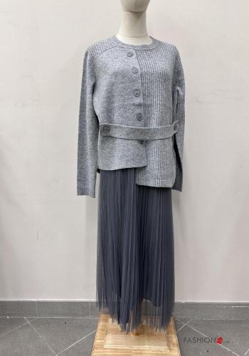 Robe en Mélange de Laine tulle manches longues plissé à boutons - ph 1