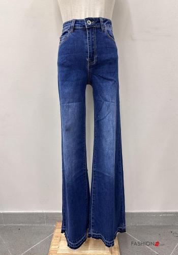 Jeans in Cotone a zampa denim vita alta con tasche con bottoni con zip - ph 1