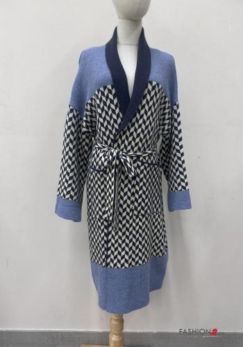Geometrisches Muster lange ärmel lange Strickjacke mit stoffgürtel - ph 1
