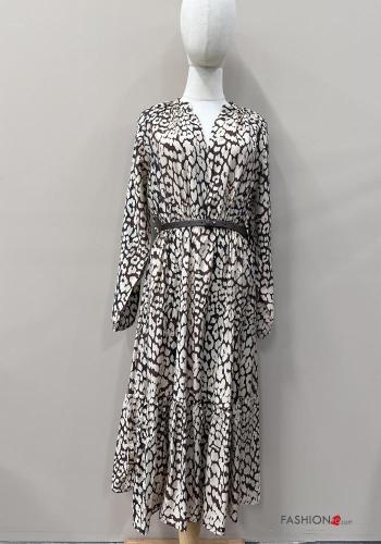 Abstract print long sleeve Dress with belt with v-neck with flounces - ph 1