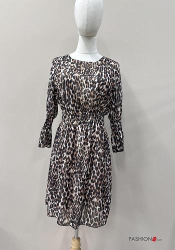 Animal print long sleeve crew neck knee-length Dress with elastic - ph 1