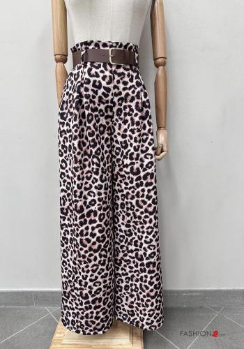 Tiermuster hoher Taille wide leg Hose mit Gürtel mit Taschen - ph 1