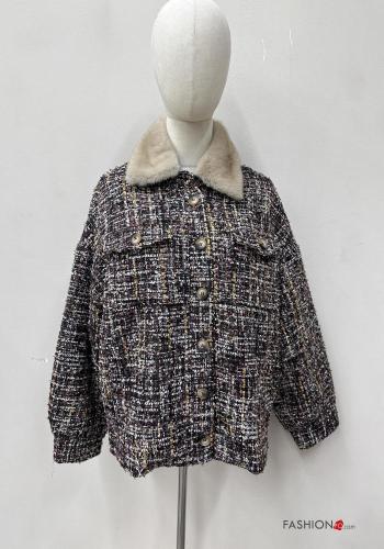 Giacca pelliccia sintetica con colletto Fantasia astratta con bottoni con tasche