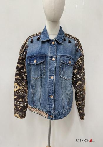 Besticktes Muster Denim Jacke aus Baumwolle mit Knöpfen mit Fransen mit Nieten mit Taschen - ph 1