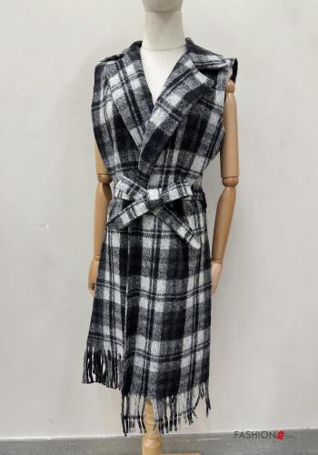 Tartan Wool Mix Gilet with fringe with fabric belt