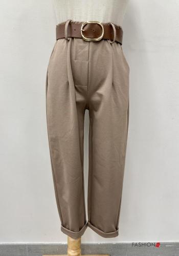 hoher Taille Hose aus Baumwolle mit Gürtel mit Taschen - ph 1