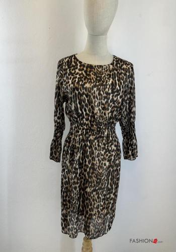 Abito al ginocchio maniche lunghe girocollo Fantasia animalier con elastico - ph 1