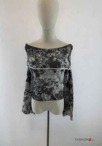 Abstract print long sleeve Sweater with elastic bardot neckline - ph 1