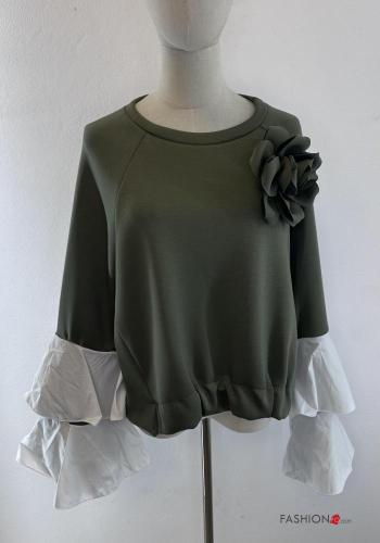 ruffle sleeve crew neck long sleeve Cotton Sweater with elastic - ph 1