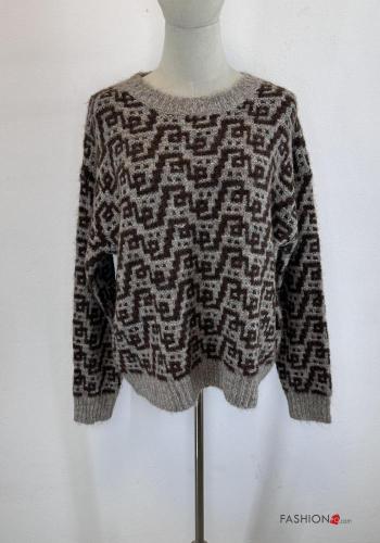 Abstract print long sleeve crew neck Wool Mix Sweater - ph 1