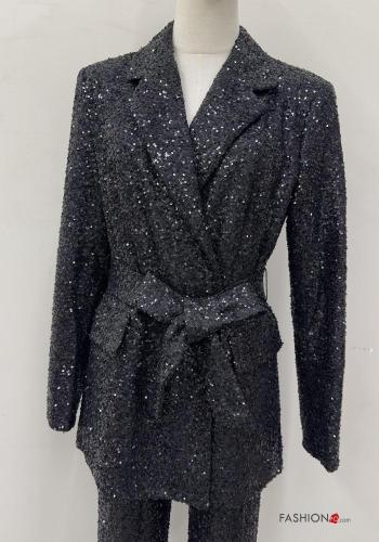 Blazer maniche lunghe con cintura in stoffa con paillettes con tasche - ph 1