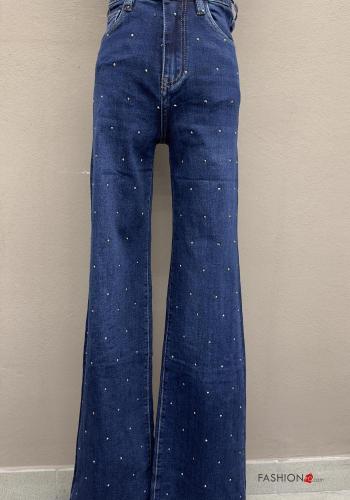 flared high waist Cotton Jeans with buttons with pockets with rhinestones with zip - ph 1