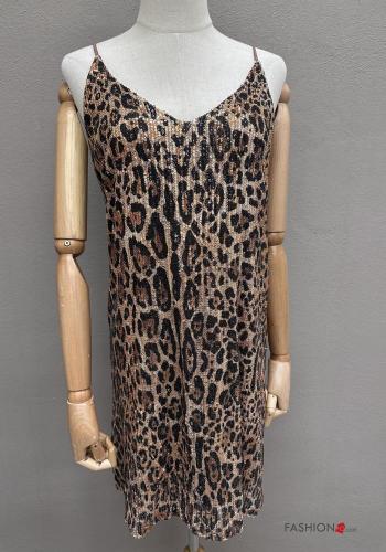 Abito senza maniche scollato sulla schiena Fantasia animalier con paillettes scollo a V - ph 1