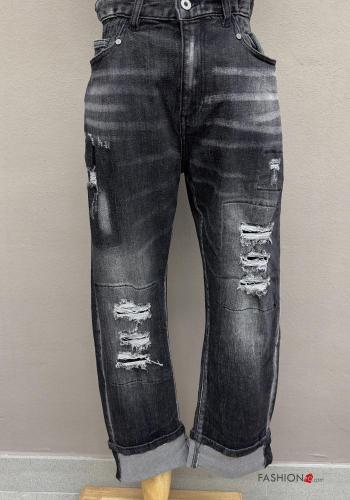 hoher Taille zerrissene destroyed Jeans aus Baumwolle mit Knöpfen mit gummizug mit Reißverschluss mit Taschen - ph 1