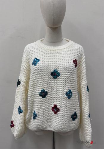 Maglione maniche lunghe girocollo Fantasia ricamata con paillettes - ph 1