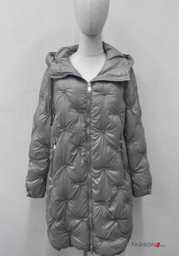 Piumino trapuntato lungo con zip con tasche con cappuccio - ph 1