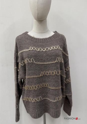 Embroidered long sleeve crew neck Wool Mix Sweater - ph 1