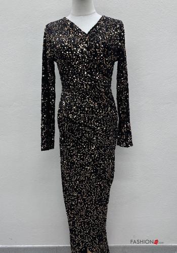 Abito maniche lunghe lungo con paillettes scollo a V - ph 1