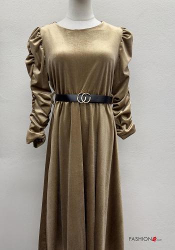 long sleeve crew neck Velvet Dress with belt