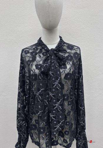 Floral lace trim long sleeve Shirt with bow - ph 1