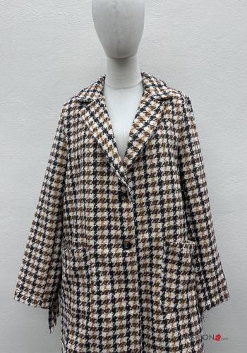 Cappotto Fantasia pied de poule con tasche con bottoni con frange