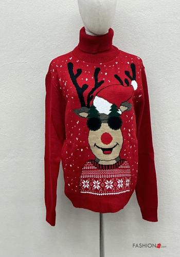 Maglione in Misto Lana maniche lunghe Fantasia natalizia a collo alto