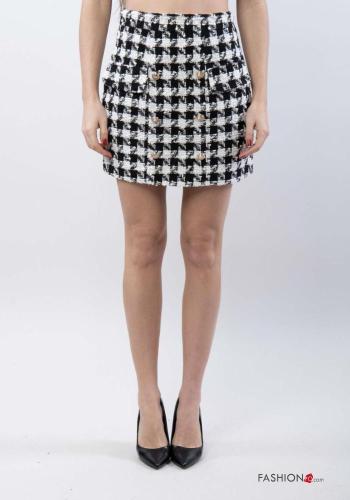 Minigonna vita alta Fantasia pied de poule con bottoni con zip